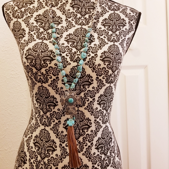 Turquoise Cross Tassel Necklace & Earring Set - Picture 4 of 6
